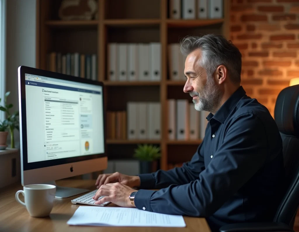 Entrepreneur mettant à jour ses informations sur le répertoire Sirene depuis son bureau à domicile