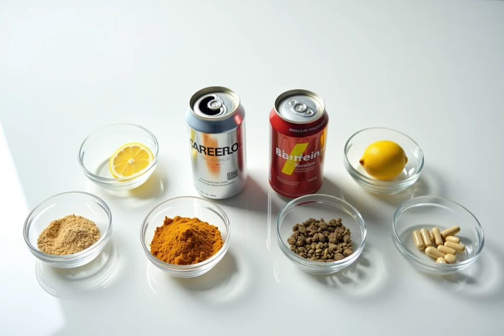 Vue aérienne des ingrédients composant les boissons énergisantes comparés côte à côte, taurine caféine vitamines Red Bull et alternatives