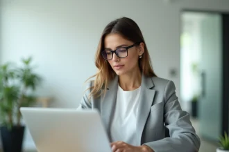 Femme professionnelle mettant à jour des données administratives sur un ordinateur portable dans un bureau moderne