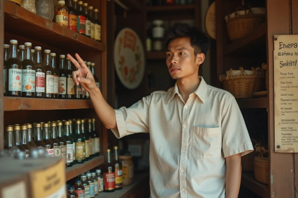 Homme thaïlandais dans un marché traditionnel asiatique présentant les origines des boissons énergisantes avant la création de Red Bull