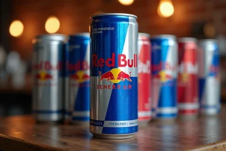 Canette Red Bull originale posée sur un comptoir de bar entourée d'autres boissons énergisantes concurrentes, comparaison visuelle de recettes