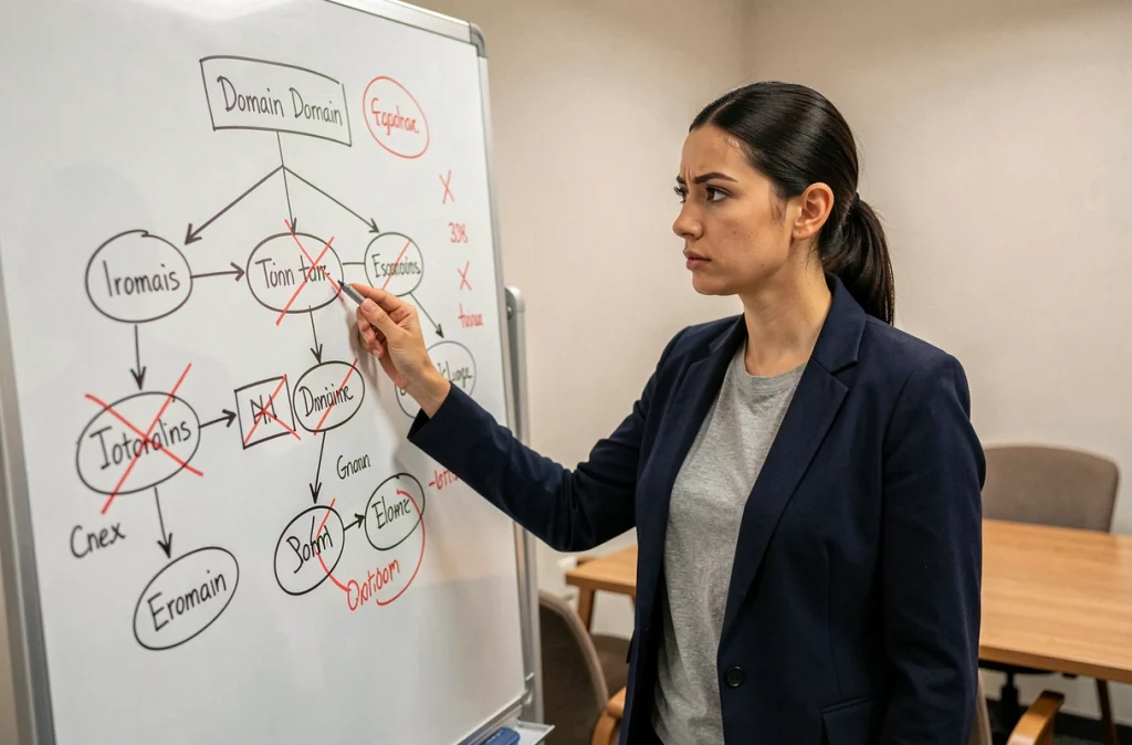Femme d'affaires analysant les erreurs d'une stratégie de domaine sur un tableau blanc