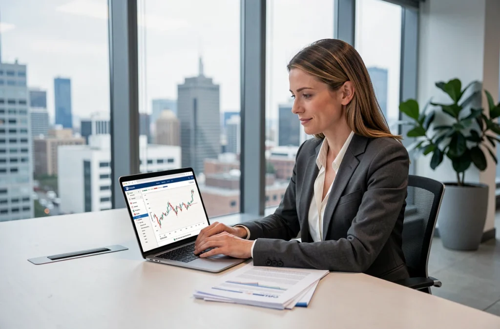 Analyste financière en entreprise étudiant les projections fiscales liées à la taxe sur les véhicules de société 2026 sur ordinateur portable en salle de réunion moderne