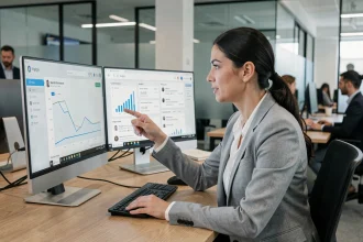 Analyste web féminine examinant des tableaux de bord de conversion et de live chat sur double écran dans un bureau moderne