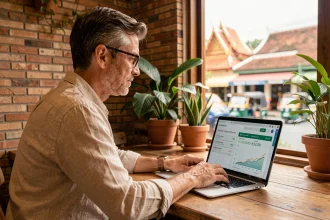 Cédric Guérin travaille sur sa stratégie SEO locale depuis un espace de coworking à Chiang Mai en Thaïlande