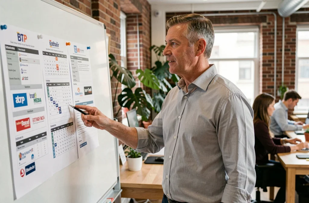 Consultant en communication présente une stratégie médias BTP sur tableau blanc dans une agence de marketing moderne