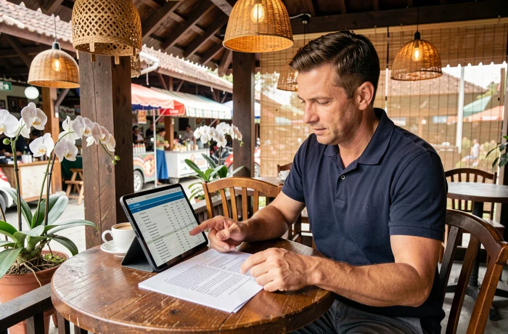 Consultant SEO analysant des données de référencement local pour un business à Chiang Mai dans un café traditionnel thaïlandais