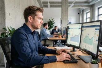 Consultant SEO Cédric Guérin analysant les données de trafic web sur des écrans d'ordinateur dans une agence SEO à Rennes