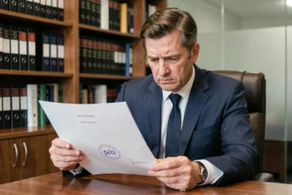 Cadre d'entreprise examinant un contrat signé par procuration sur un bureau en chêne dans un bureau juridique professionnel