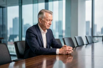 Dirigeant bancaire senior assis seul dans une salle de réunion d'entreprise, symbolisant le départ d'un PDG et les leçons de gouvernance dans le secteur bancaire