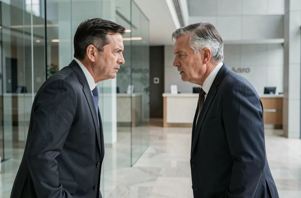 Deux dirigeants bancaires en discussion sérieuse dans le hall d'un siège social, évoquant les enjeux de gouvernance et les conséquences du renvoi d'un PDG dans la finance