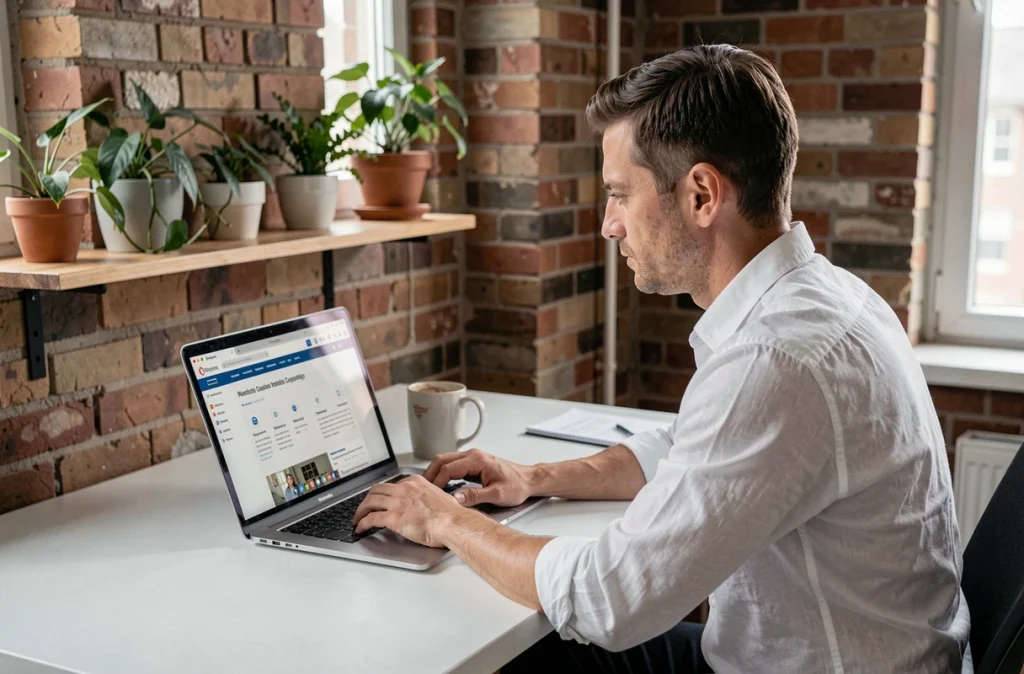Entrepreneur consultant en conformité juridique travaillant sur un site web de secrétariat juridique depuis son espace de coworking