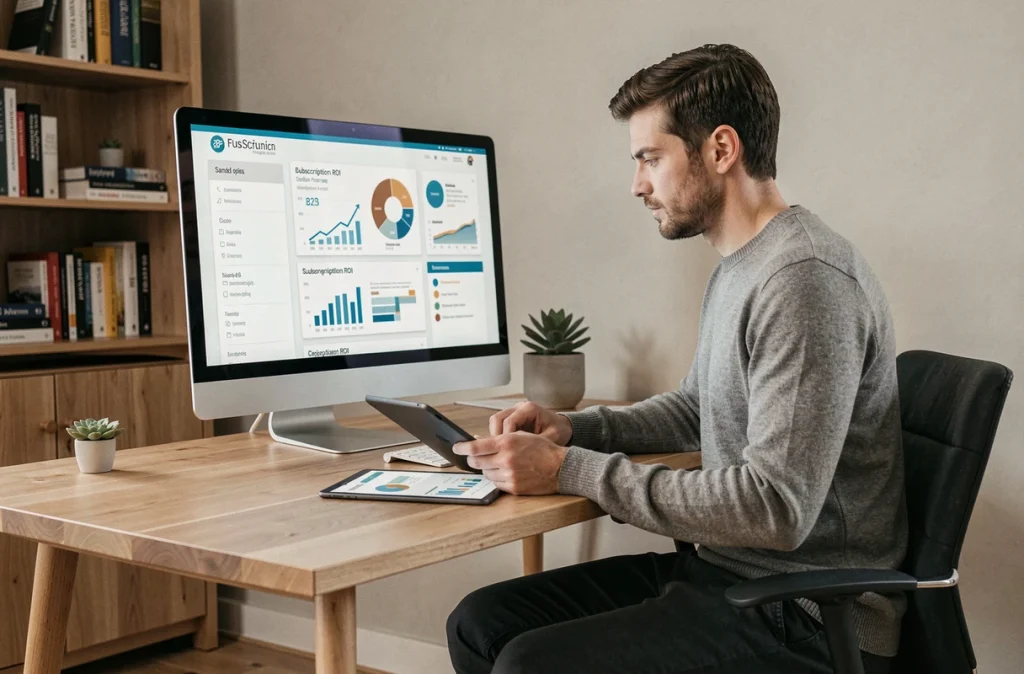 Entrepreneur masculin évaluant les métriques de rentabilité d'un abonnement B2B sur double écran en bureau à domicile