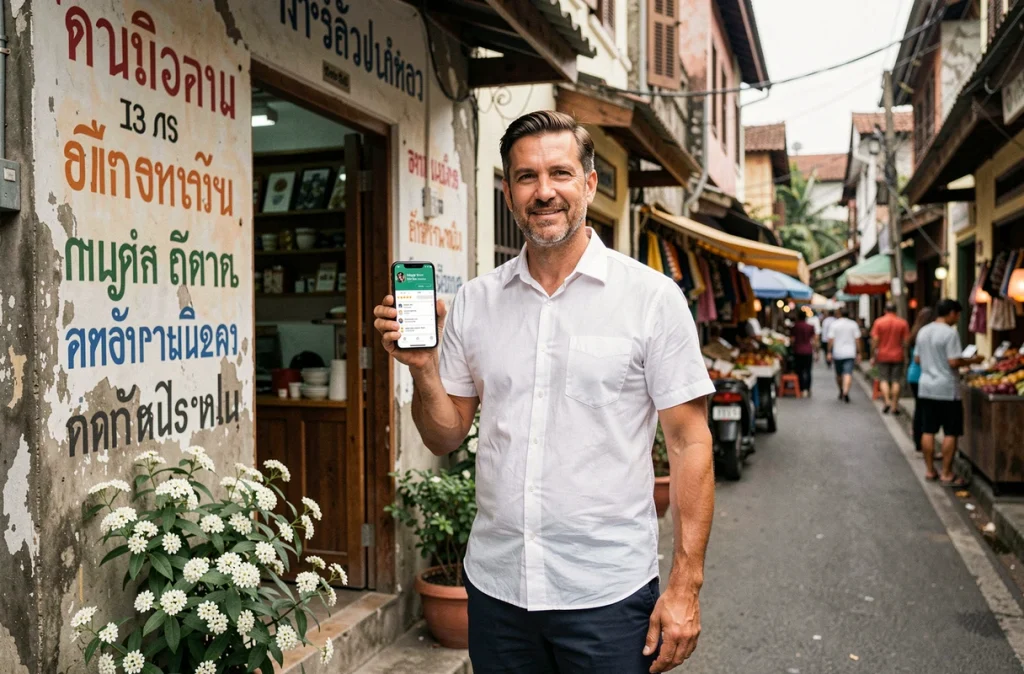 Entrepreneur français présentant les résultats SEO local d'un commerce à Chiang Mai devant une devanture thaïlandaise authentique