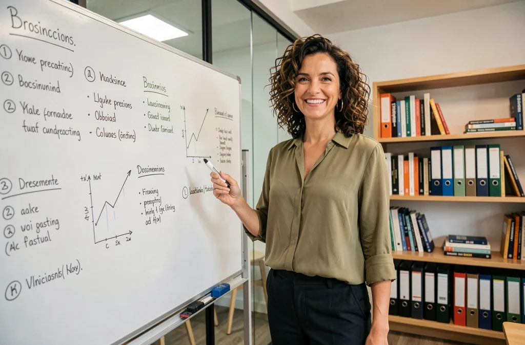 Entrepreneuse souriante devant un tableau blanc avec un plan d'affaires dans une salle de réunion de startup