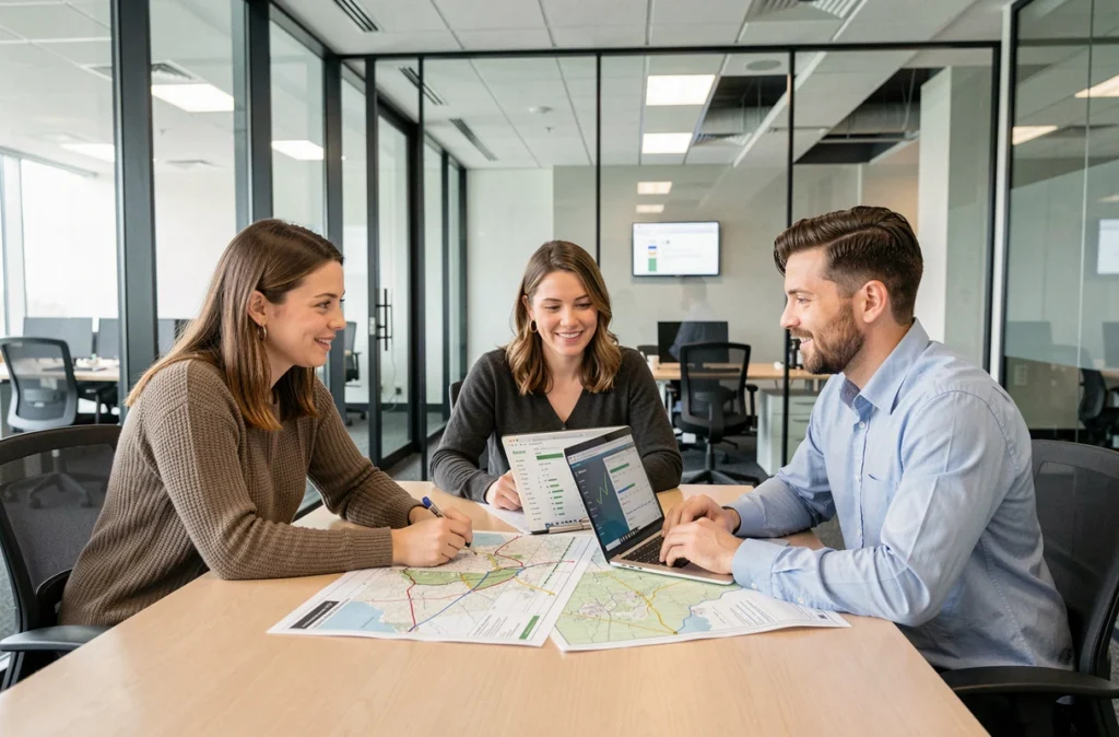 Équipe de professionnels en logistique discutant de données supply chain dans une salle de réunion moderne