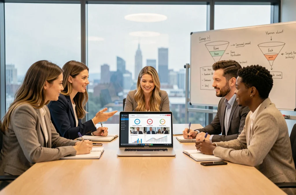 Équipe marketing en réunion analysant les indicateurs ROI d'un outil de live chat sur un tableau de bord de conversion