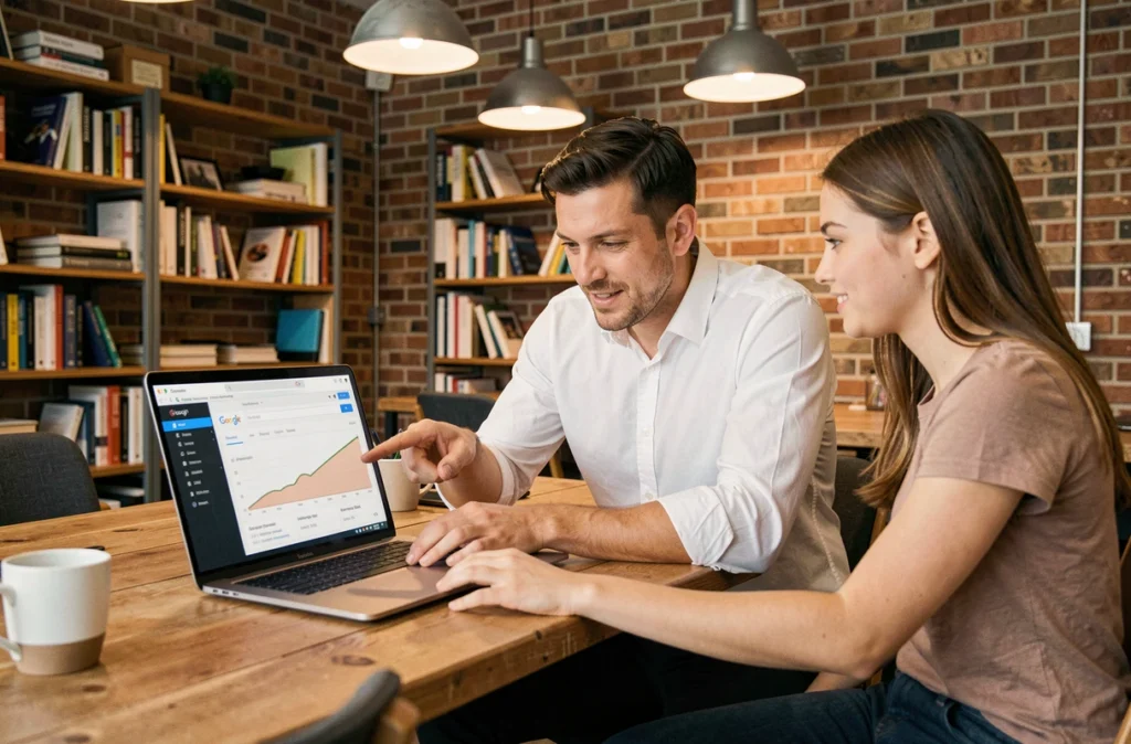 Équipe SEO à Rennes collaborant sur l'analyse d'un rapport Google Search Console pour relancer le trafic organique d'un site web