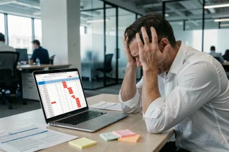 Professionnel frustré face aux erreurs de stratégie de domaine sur son ordinateur portable