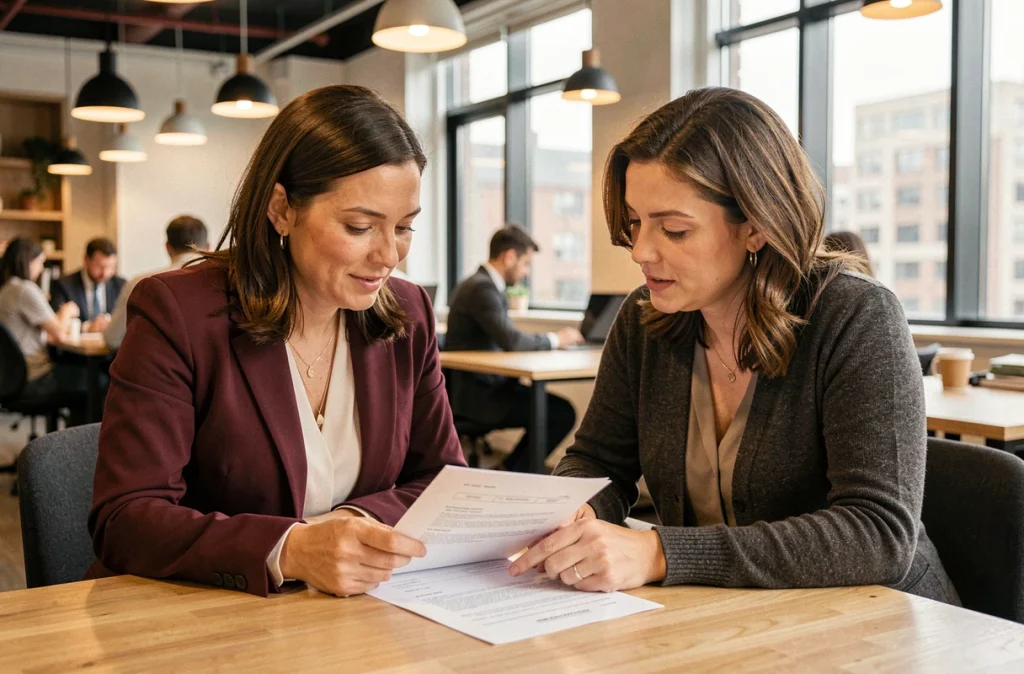 Deux professionnelles examinant un contrat d'externalisation du secrétariat dans un espace de coworking moderne