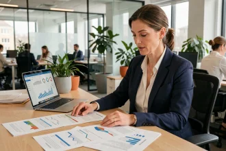 Femme d'affaires analysant les rapports d'abonnement B2B et les chiffres clés de rentabilité dans un bureau moderne