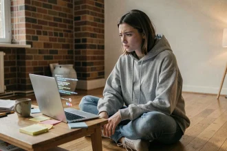 Jeune femme analysant un buzz viral sur son ordinateur portable dans un appartement moderne, expression de curiosité face à un phénomène numérique mystérieux
