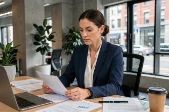 Femme entrepreneuse en blazer marine consultant des documents financiers dans un espace de coworking moderne