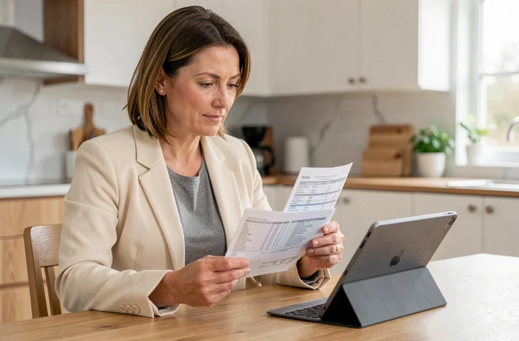 Femme consultant des justificatifs fiscaux imprimés depuis son espace Arkevia sur une tablette numérique à domicile