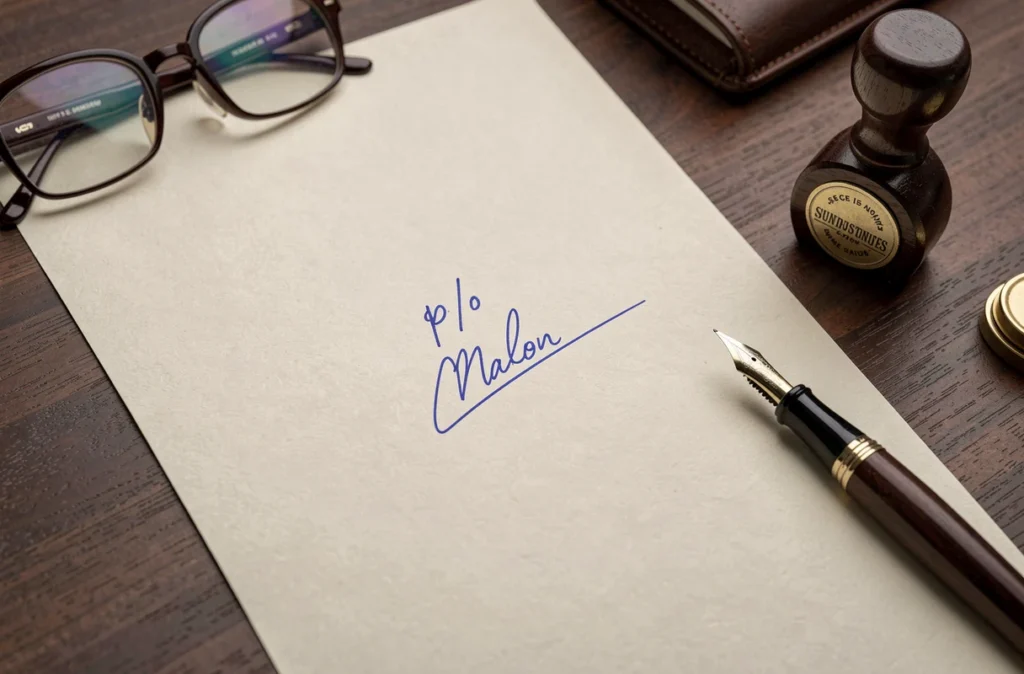 Gros plan sur une signature par procuration en encre bleue sur un contrat officiel posé sur un bureau en noyer