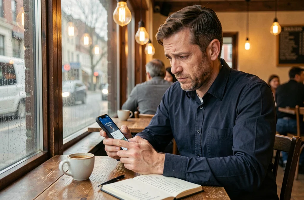 Homme d'une quarantaine d'années consultant son smartphone dans un café avec une expression intriguée face à un contenu viral mystérieux