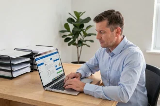 Homme consultant son espace Arkevia en ligne pour récupérer ses justificatifs de revenus sur un ordinateur portable