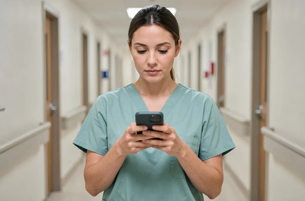 Infirmière consultant l'extranet Azaé sur son smartphone dans un couloir d'établissement de soins