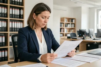 Femme juriste professionnelle examinant des documents légaux dans un bureau moderne pour assurer la conformité réglementaire de son entreprise