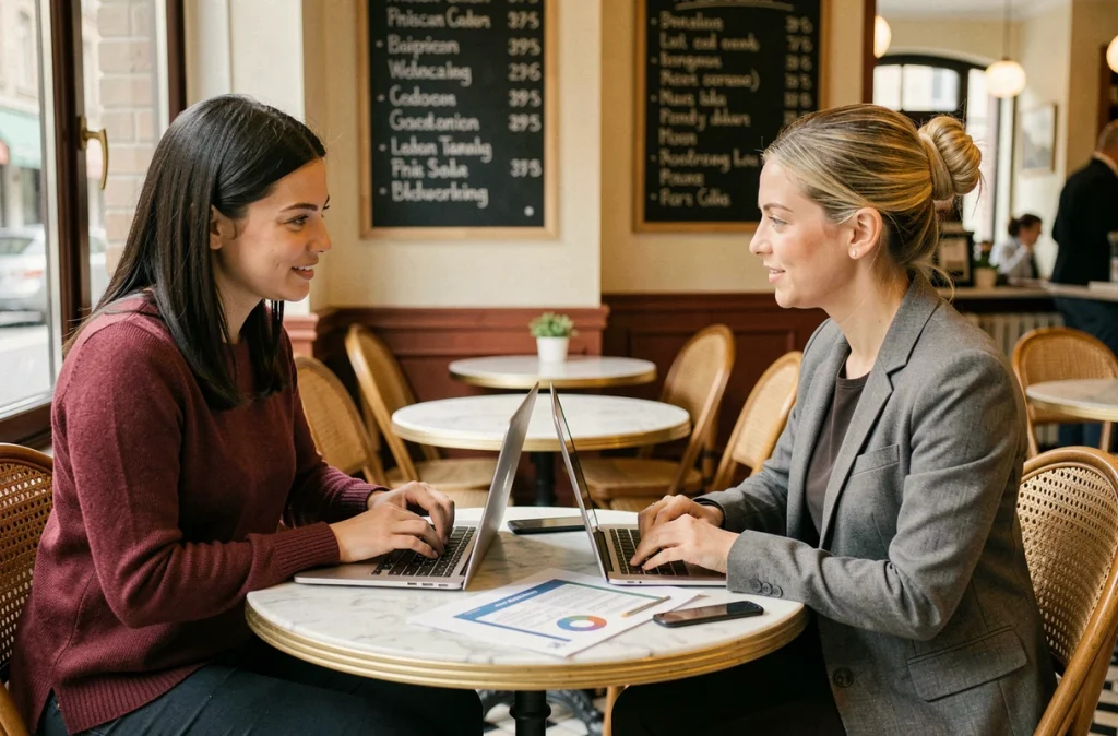 Deux femmes entrepreneures discutant de dossiers d'aides financières dans un café parisien moderne