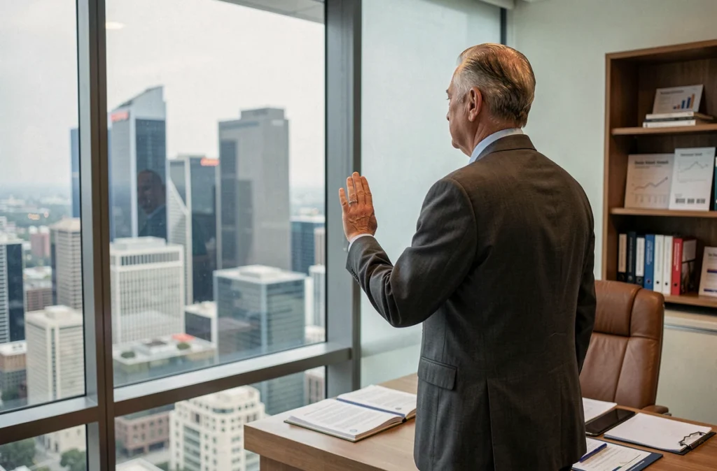 Cadre dirigeant de banque regardant par la fenêtre d'un bureau en verre sur une skyline financière urbaine, illustrant la réflexion sur la gouvernance et les transitions de leadership