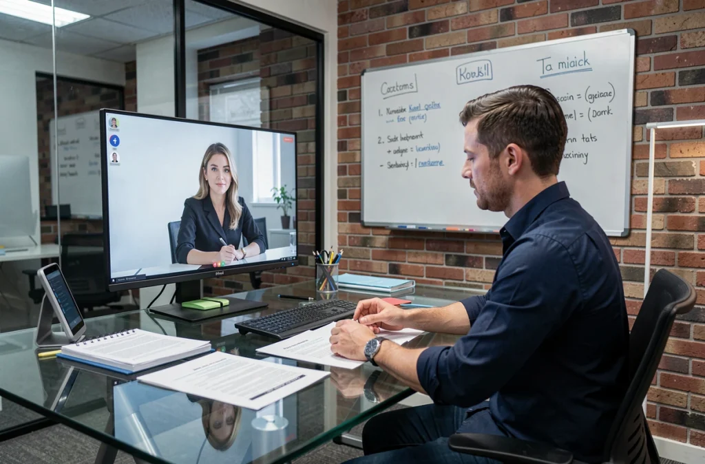 Chef de PME en réunion virtuelle avec une secrétaire externalisée via vidéoconférence dans son bureau moderne