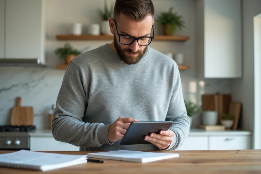 Homme lisant une liste de précautions sur tablette dans sa cuisine pour éviter les risques en utilisant Dirvox