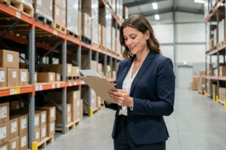 Professionnelle en logistique dans un entrepôt Kühne+Nagel avec des étagères organisées en arrière-plan