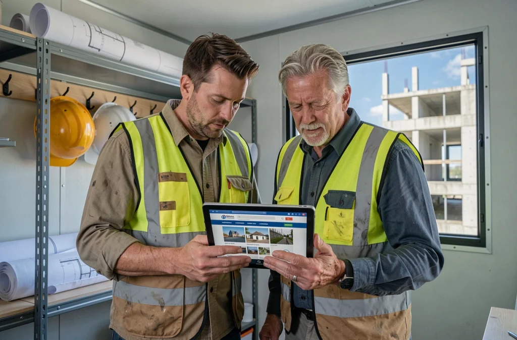 Deux professionnels du BTP consultant un site d'information spécialisée sur tablette dans une base de vie de chantier