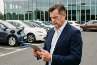 Responsable de flotte automobile en entreprise analysant les données de transition énergétique sur une tablette dans un parking d'entreprise avec véhicules électriques et thermiques