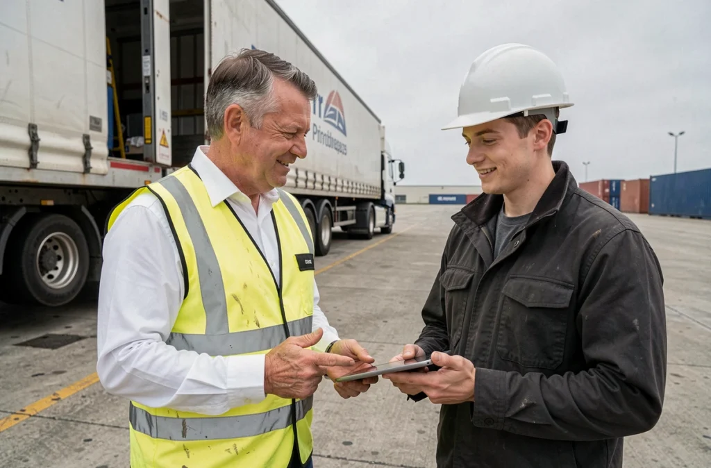 Responsable logistique et jeune collègue consultant une tablette sur un quai de chargement d'un terminal de fret