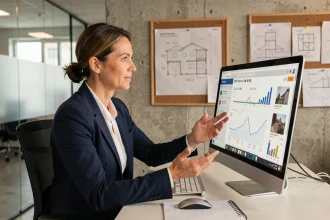Responsable marketing BTP analysant des données de presse spécialisée sur un écran d'ordinateur dans un bureau professionnel moderne