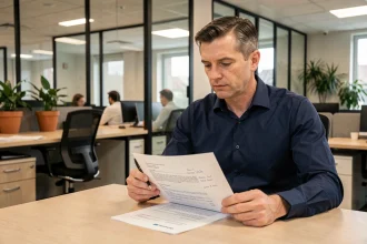 Responsable RH examinant un accord d'entreprise sur le congé d'été obligatoire dans un bureau moderne