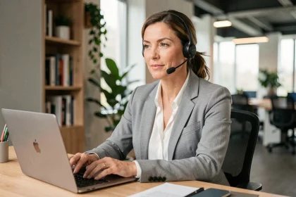 Secrétaire externalisée travaillant à distance depuis son bureau à domicile avec un casque sans fil et un ordinateur portable