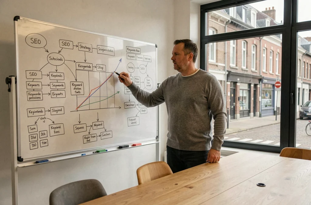 Expert SEO présentant une stratégie de relance du trafic organique sur un tableau blanc dans une salle de réunion d'agence à Rennes
