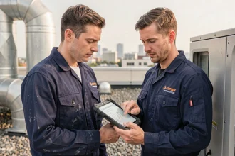 Technicien de terrain consultant un rapport d'intervention numérique sur tablette lors d'une intervention sur site industriel