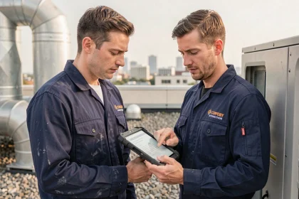 Technicien de terrain consultant un rapport d'intervention numérique sur tablette lors d'une intervention sur site industriel