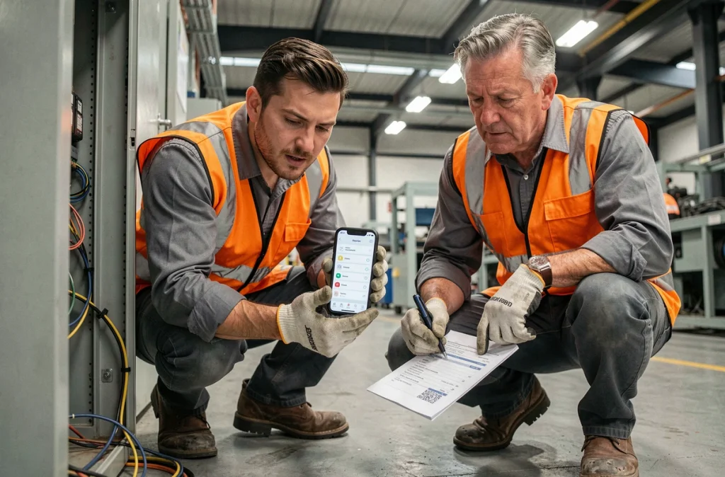 Deux techniciens en maintenance comparant un formulaire papier et une application mobile de checklist numérique lors d'une intervention en usine