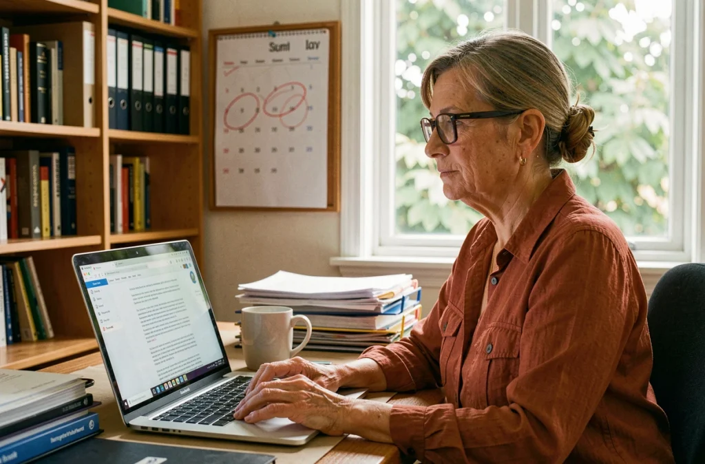Employée travaillant depuis chez elle sur la planification des congés d'été obligatoires en consultant un calendrier et un document d'accord