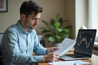 Homme consultant des documents financiers et une interface de trading sur ordinateur portable pour utiliser Dirvox prudemment